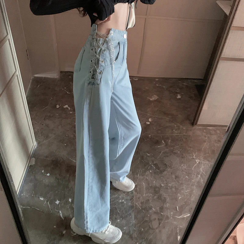 

Harajuku High Waist Chain Jeans Women Loose Straight Tube Trousers Vintage Streetwear Wide Leg Denim Pants Female Punk Pants