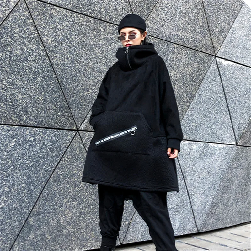 Женская толстовка с капюшоном черная Свободная кофта в стиле бойфренд хип-хоп