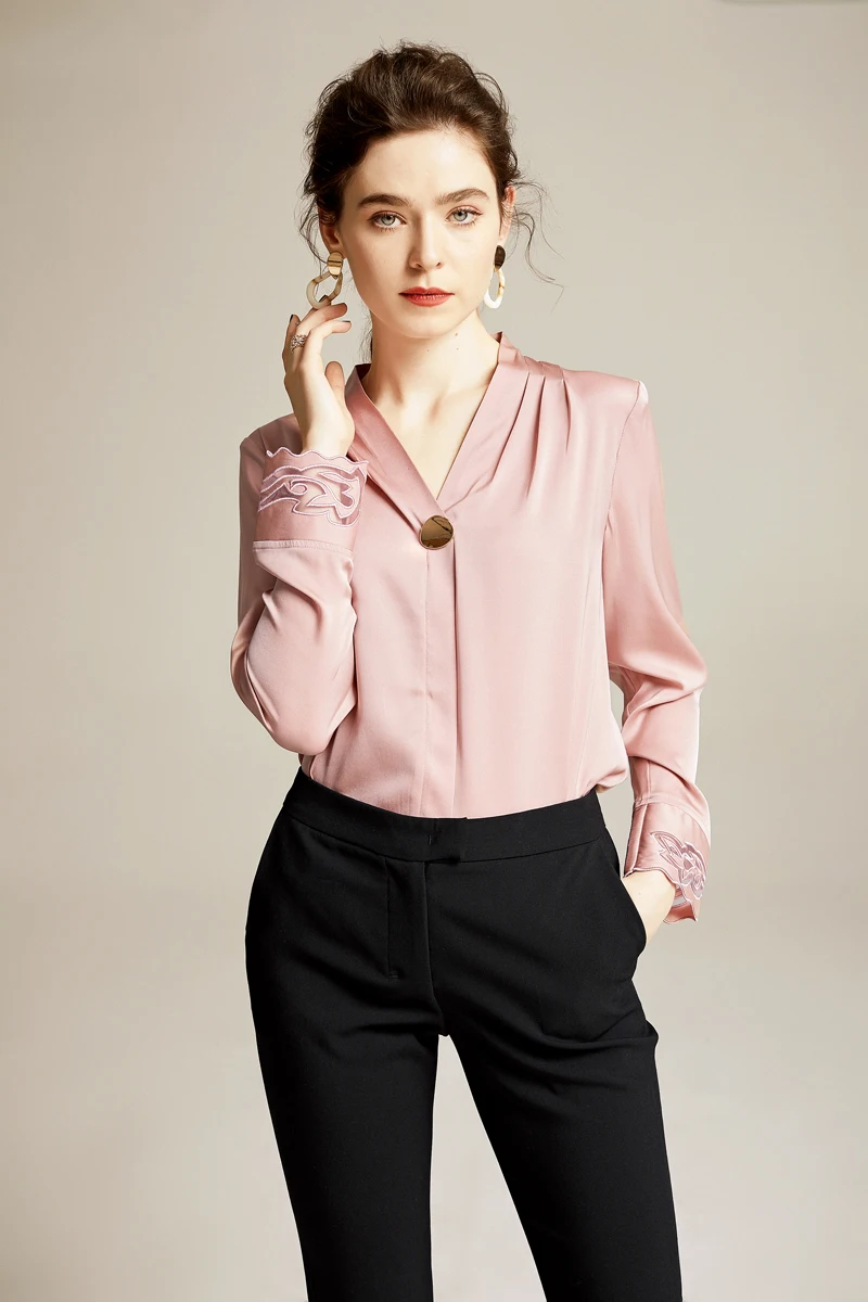 Женские шелковые рубашки сексуальные V образным вырезом с длинным рукавом