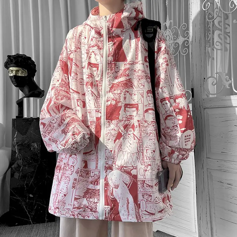 

Fonekie Fashion Sunscreen Clothing Zipper Cardigan Hoodie Men Korean Loose Autumn Summer Thin Breathable Comic Hooded Jacket Men