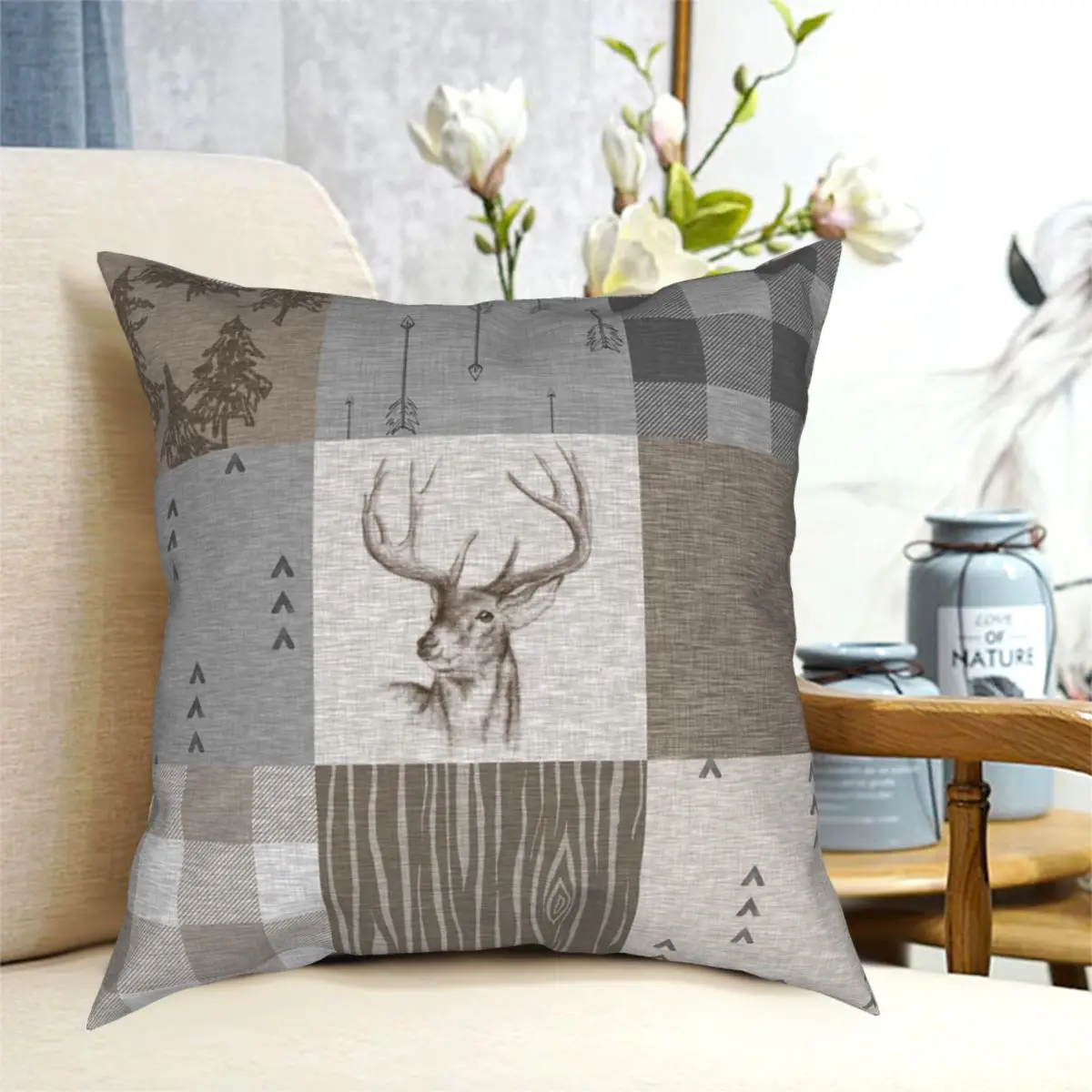 

Deer Patchwork Rustic Neutrals Square Pillowcase Polyester Creative Zipper Decor Throw Pillow Case Home Cushion Cover Wholesale