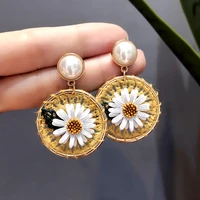 south korean summer new fashion vintage cotton thread girl imitation pearl chrysanthemum flower sexy womens earrings wholesale