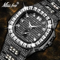 famous brand missfox new chronograph men stopwatch fullly iced black baguette diamond all black steel calendar men wrist watch