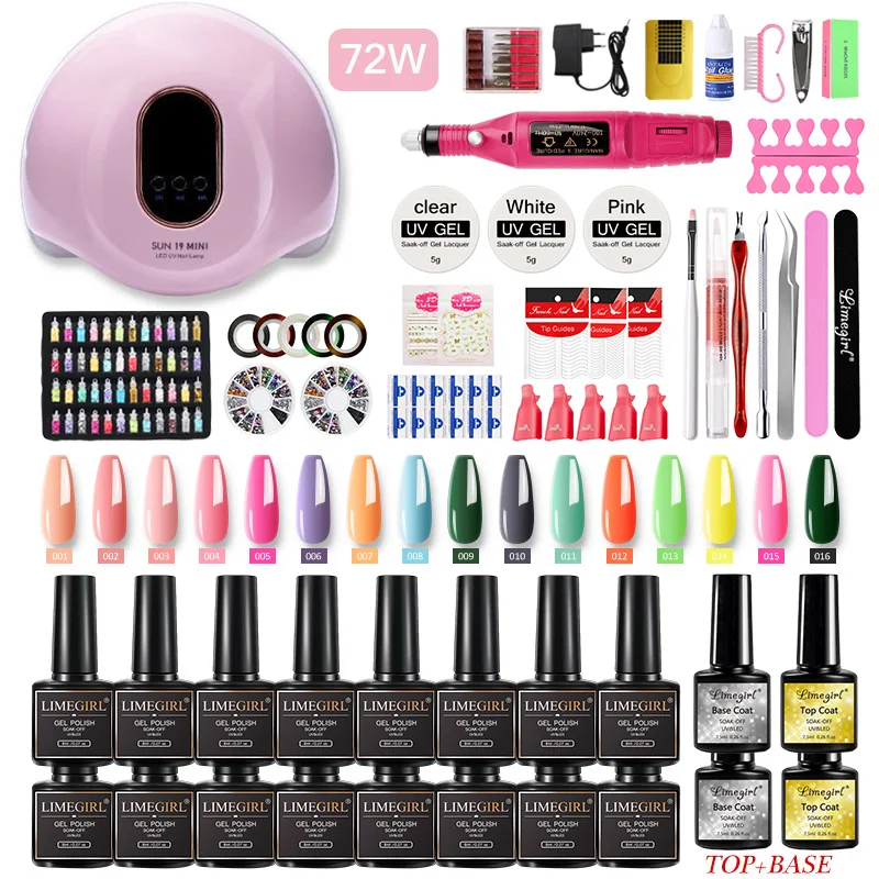 

Manicure Set with UV Led Nail Lamp 72W Gel Varnish Nail Set 16 Color UV Gel Nail Polish Kit Tools Set with Nail Drill Machine