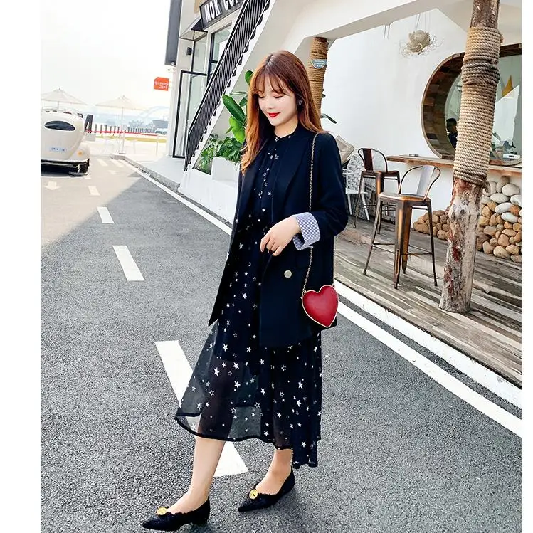 2019 Women Dress Amazon Wish Autumn And Winter Printed round Neck Long Sleeve Large black print fat sister long Chiffon dress |
