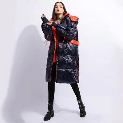Navy blue Высококачественный пуховик для женщин, модное длинное пальто с капюшоном, зимняя куртка, толстое теплое пальто, парка для женщин, белое пуховое пальто - Цвет: Navy blue