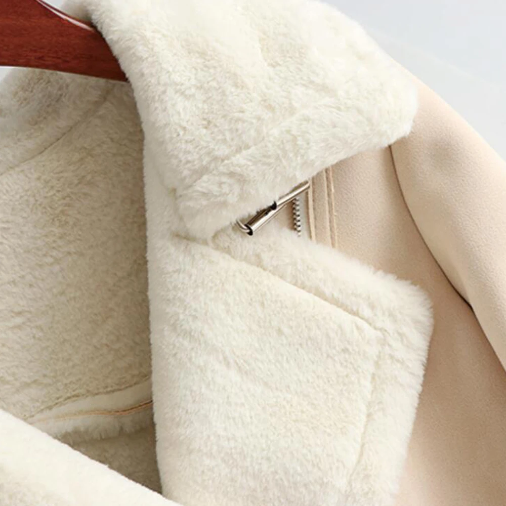 Winter Lambs Wool Jacket Women Thick Long Sleeve Cotton Padded Warm Suede Faux Shearling Sheepskin Fur Motorcycle Coat | Женская одежда