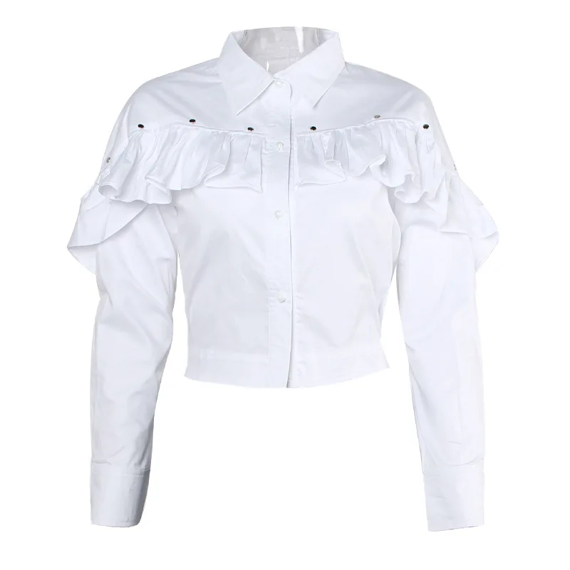 

eBay's new hot selling personality dew navel solid color wood ear stitching long sleeve short shirt women