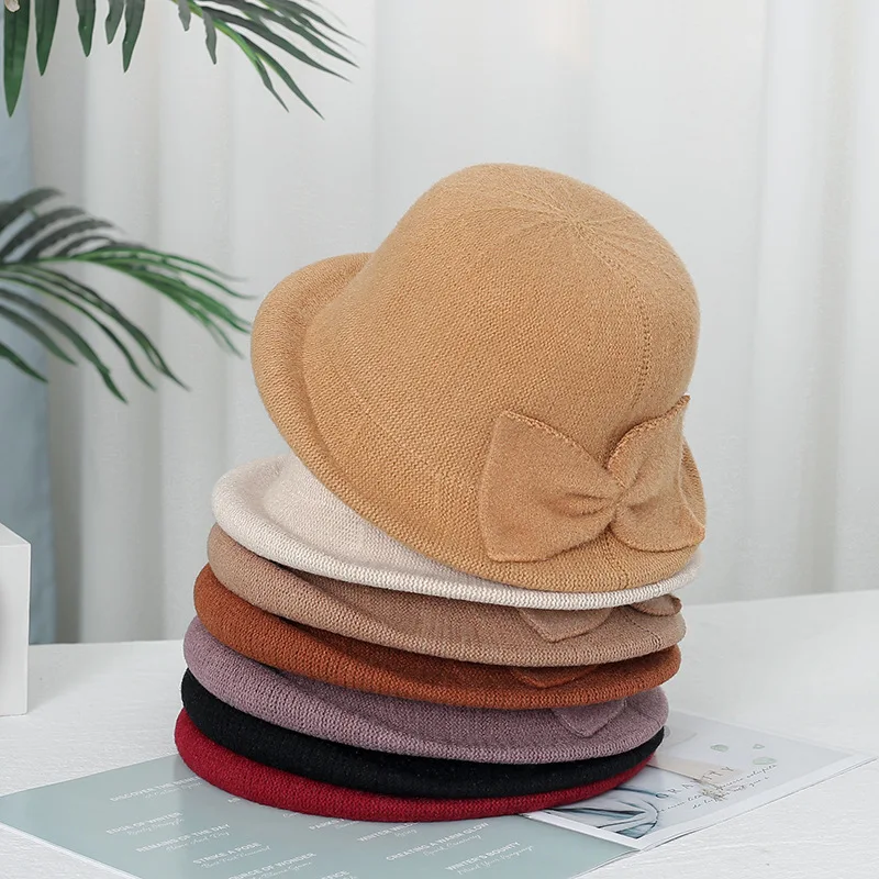 

Middle-aged and Elderly Ladies Hats Autumn and Winter Wild Bow Imitation Mink Velvet Round Side Small Basin Hat Warm Hat