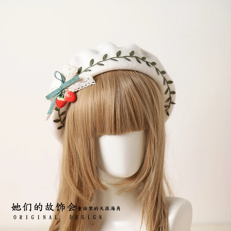 Lolita Autumn and Winter Beret Hat Sweet Lovely Strawberry Green Leaf Seriesc Head Accessories Gloves Ear-Cap H | Тематическая