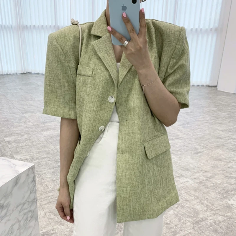 

Summer Korean Chic Lapel Chic Single Breasted Loose Short Sleeve Cotton Linen Green Blazer Suits Jacket For Women Coat