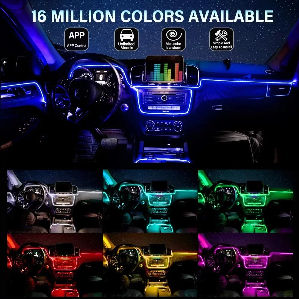 

5in1 &10 in1 6M RGB Car Atmosphere Decorative Light with App Control RGB Car Interior Light LED Fiber Optic Strip Ambient Lamps