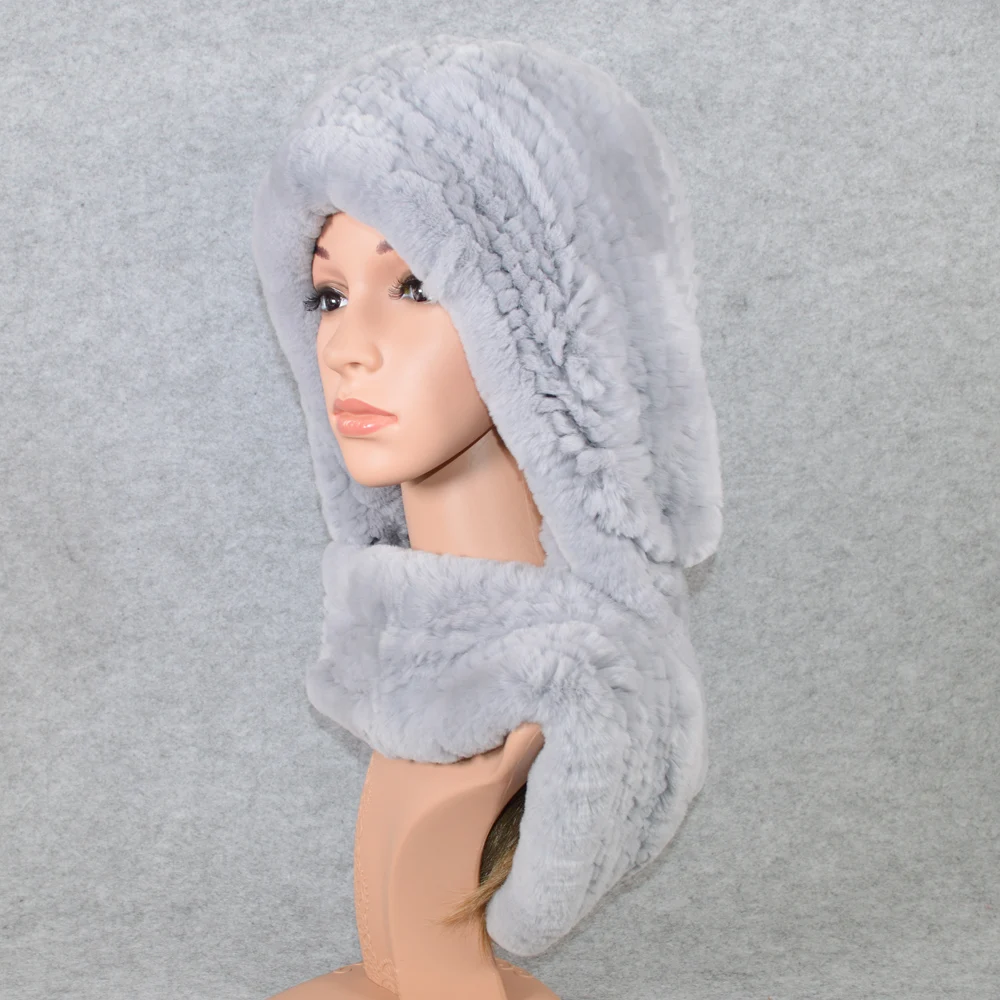 Женская зимняя вязаная шапка шарф из натурального меха кролика Рекс брендовая