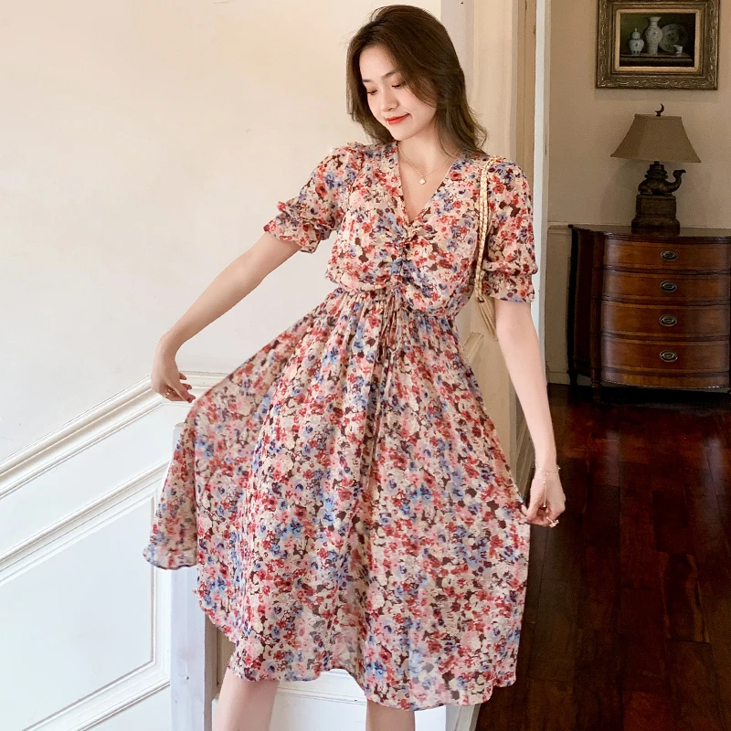 

Han edition charge will spot the summer show thin waist floral chiffon draw string v-neck long dress in female