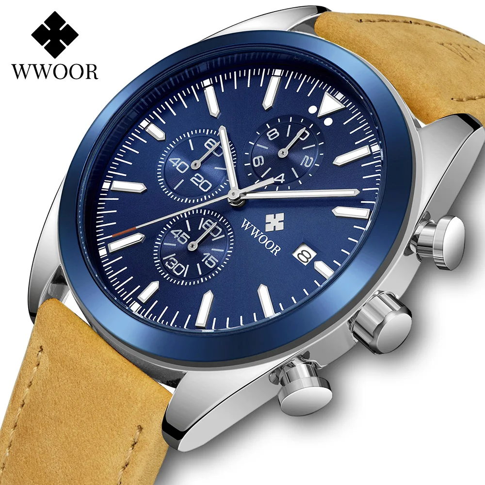 

2022 Men Watches WWOOR Top Brand Luxury Leather Waterproof Quartz Watch Men Fashion Sports Chronograph Wristwatches Reloj Hombre