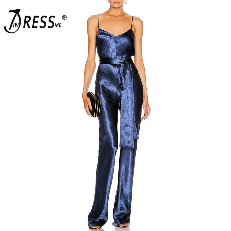 

INDRESSME New Sexy Bandeau Strapless Sleeveless V Neck Blackless Pants Jumpsuit Sashes Bow Tie Belt Women Party 2020