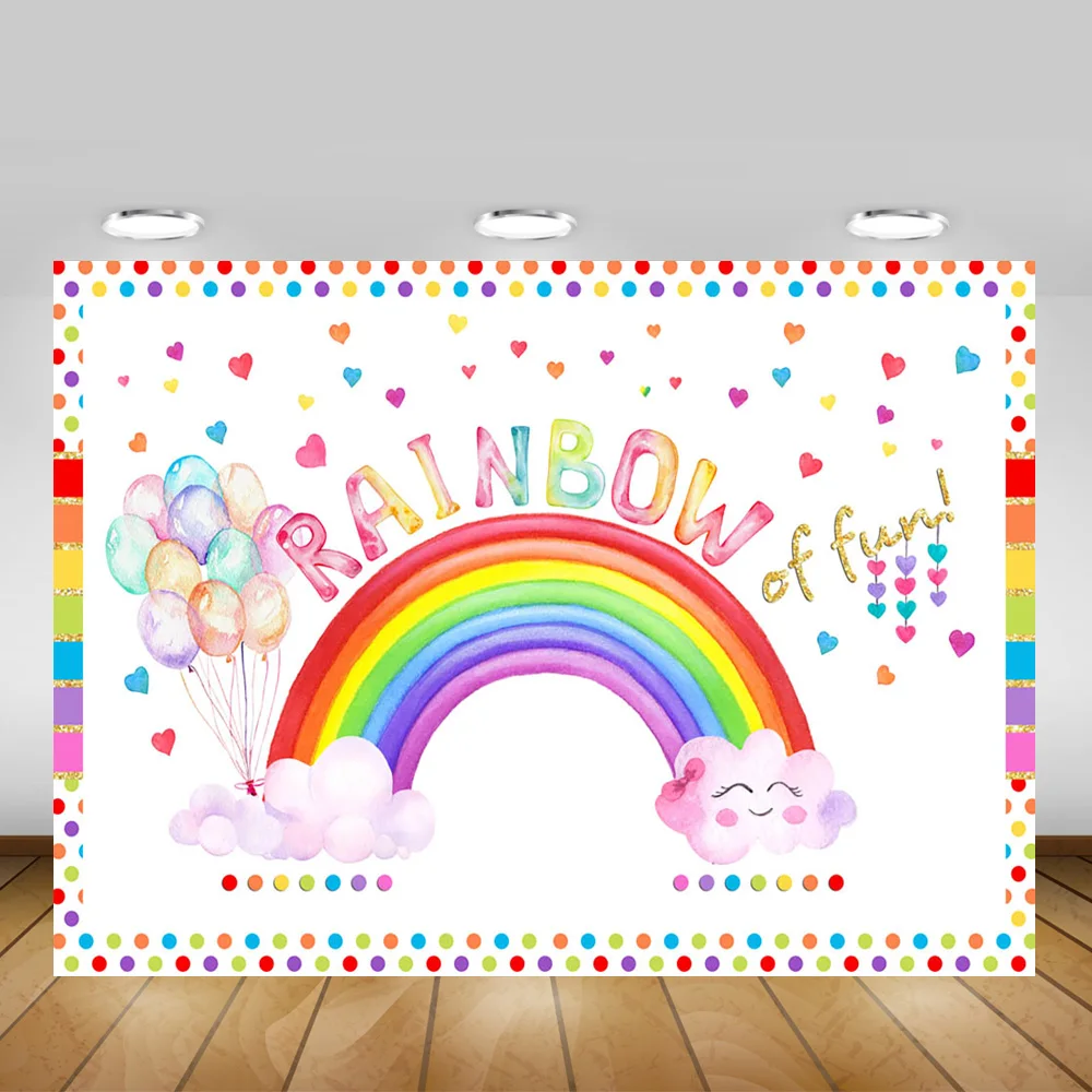 

Rainbow Photo Background Cartoon Baby Kids Birthday Backdrop Decor Rainbow Balloons Cloud Heart Customize Photography Background