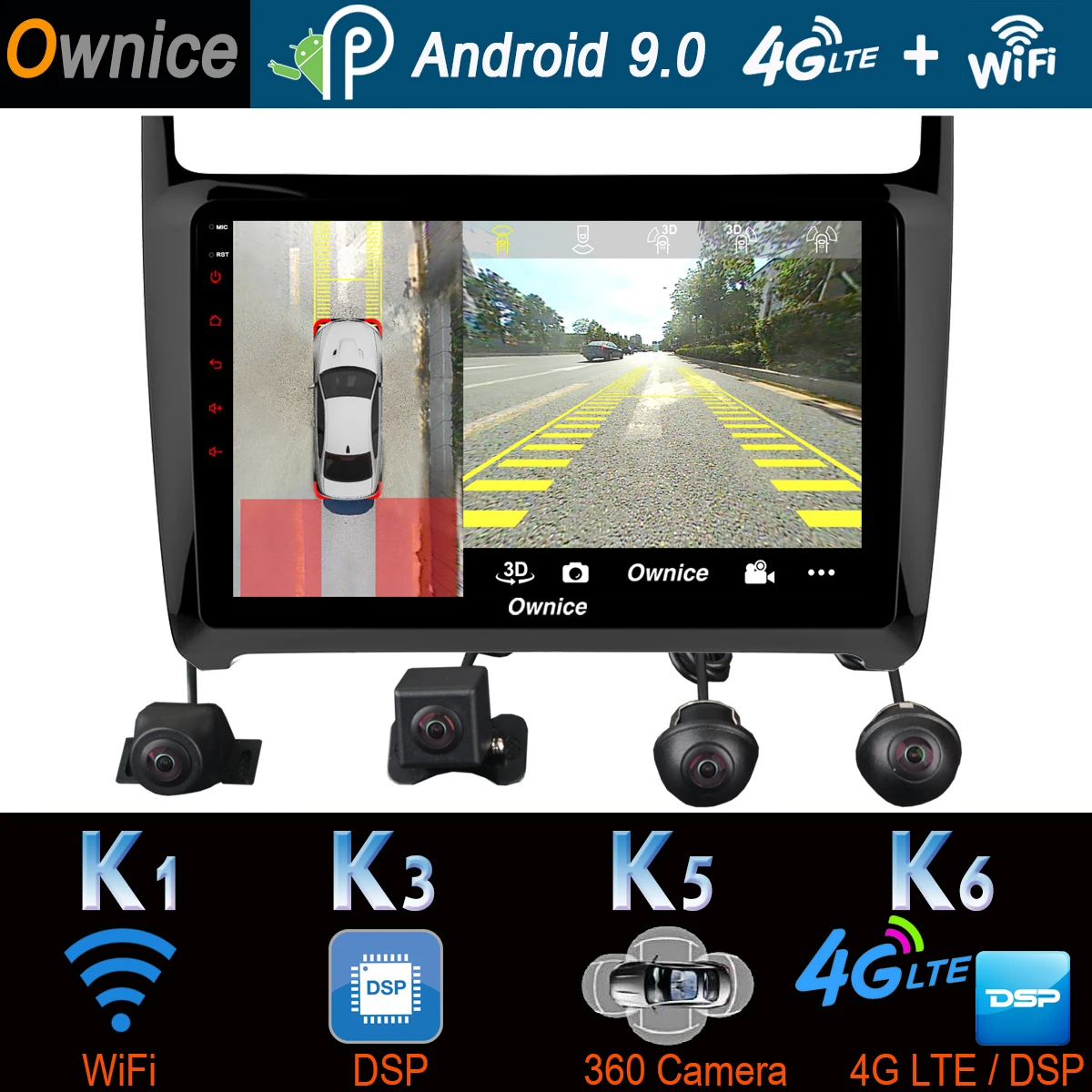 Автомобильный мультимедийный плеер 360 ° 4 × AHD камера 4G LTE WiFi Android 9 0 8 ядер Гб + 64 DSP