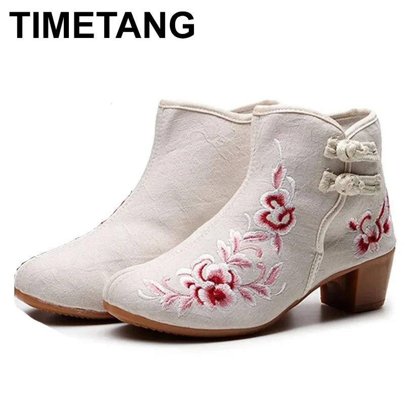 

TIMETANG Vintage Women Cotton Fabric Block Heel Short Ankle Boots Elegant Ladies Casual Comfortable Booties Retro Autumn Shoes