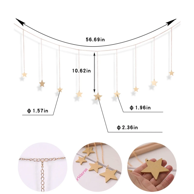 

Hanging Photo Display Wood Stars Garland with Chains Picture Frame Collage with 9 Wood Clips Wall Art Decoration KIids Room