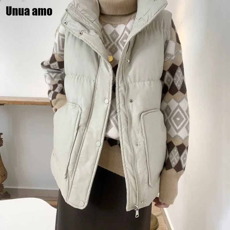 

Unua amo Black PU Leather Vest Femme Winter Warm Women's Parkas Korean Style Fashion Loose Faux Leather Sleeveless Jackets Coat