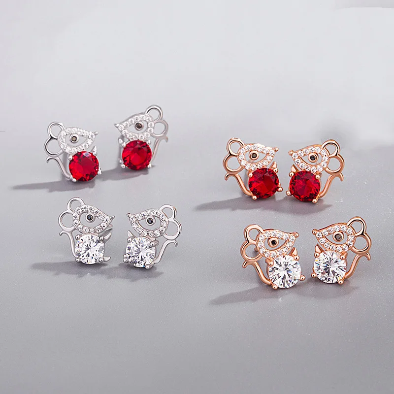 

New s925 Sterling Silver Rat Earrings Women Red Garnet Zircon Stud Earrings Silver 925 Jewelry Hoop Earrings For Women