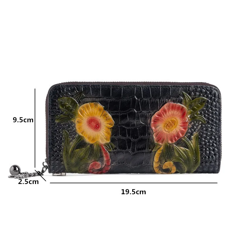 

Bestform 2021 New Large Clutch Wallet First Layer Cow Leather Women Phone Purse Handmade Embossed Floral Wallets Card Holder