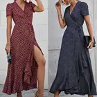 Женское платье макси с цветочным принтом, V-образным вырезом, оборками, коротким рукавом, с запахом, летнее пляжное платье, купальники женские 2021