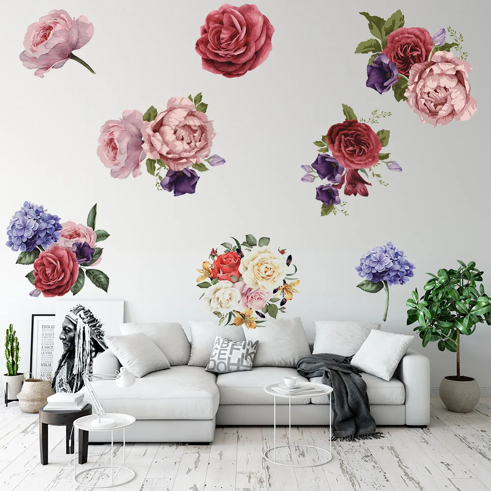 

New Hand-painted Peony Rose Flower Wall Sticker Living Room Bedroom Environmentally Friendly Removable Decorative Painting