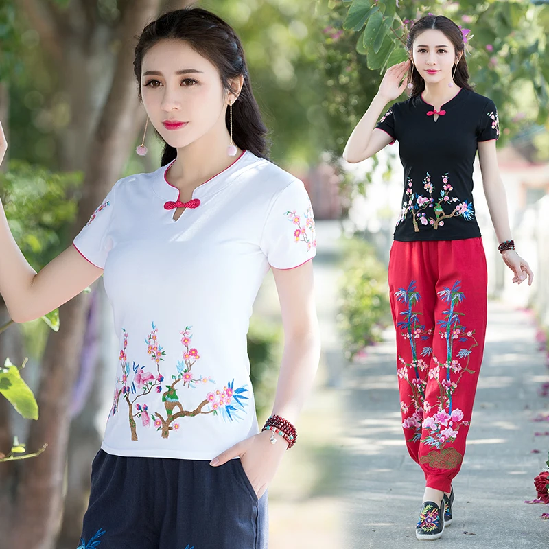 Женская футболка с вышивкой в китайском стиле винтажная Этническая пряжкой лето