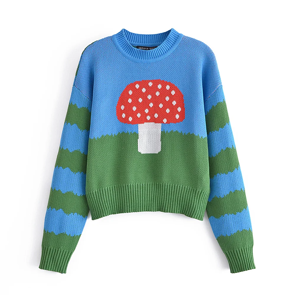 

JUNWU Za 2021 Autumn Women Blue Geometric Stitching Pattern Round Neck Mushroom Pattern Loose Sweater Pullover Girly Style