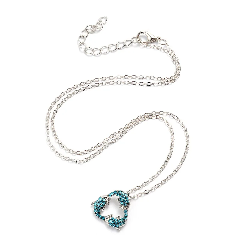 

New Style Fashion Rhinestone Crystal Blue Three Dolphin Pendant Necklace for Women Cute Sweet Beautiful Animal Wedding Jewelry