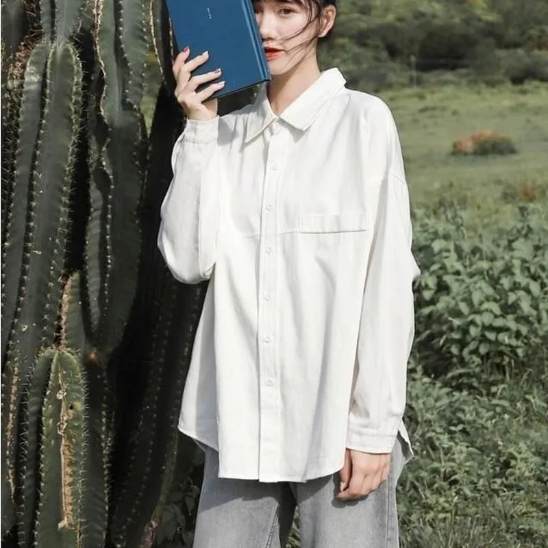

Blouse Women Shirts Turn-down Collar Long Sleeve Plaid Outwear Pocket White Korean Style Students Ulzzang Leisure All-match Chic