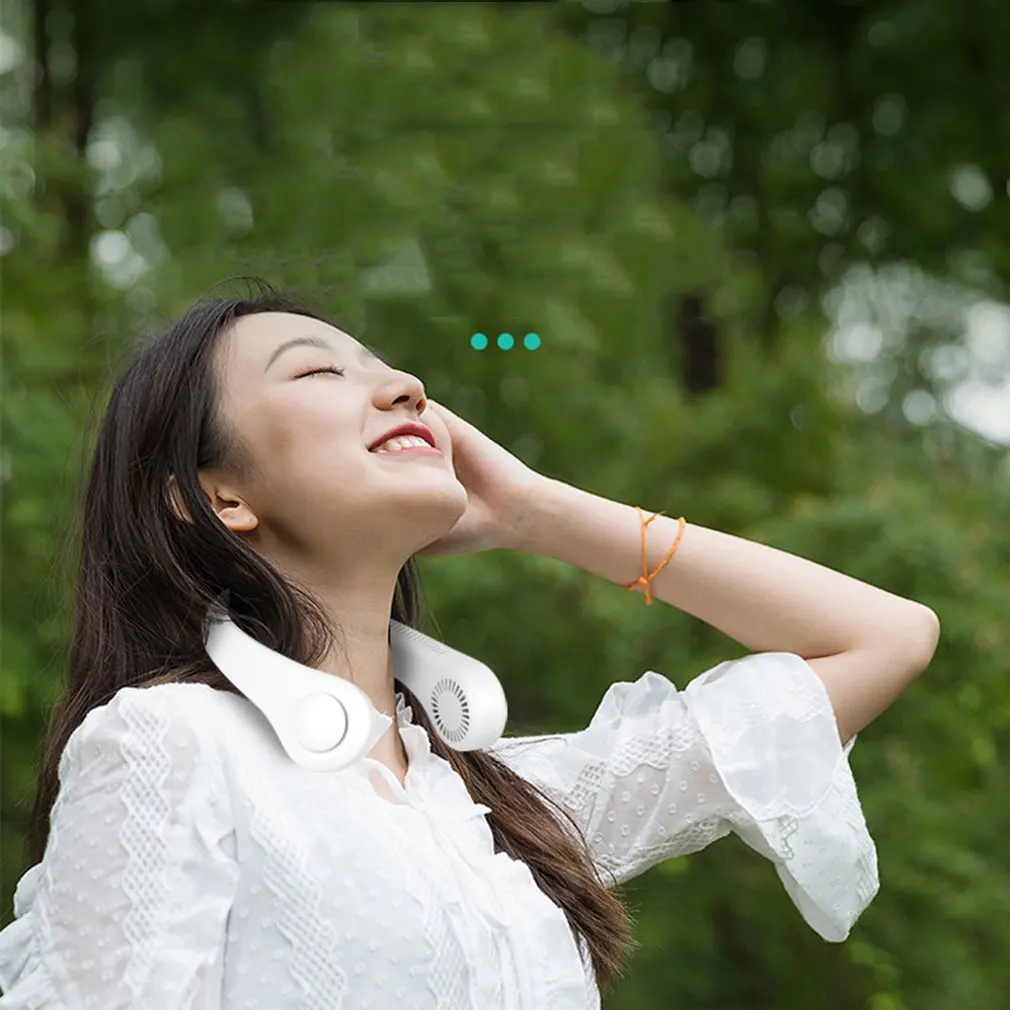 

Portable Mini Porous Hanging Neck Fan Sports Lazy Air Cooling Fan No Leaf Mute USB Charging Electric 3-Speed Double Fan