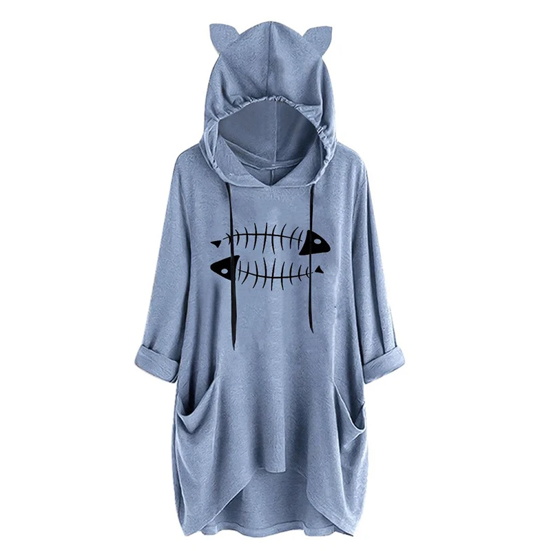 

Large Size Long Sleeve Cat Ears Hooded Long Clothes Pockets Loose Casual Irregular Tops Fish Bones Print Woman Tshirts