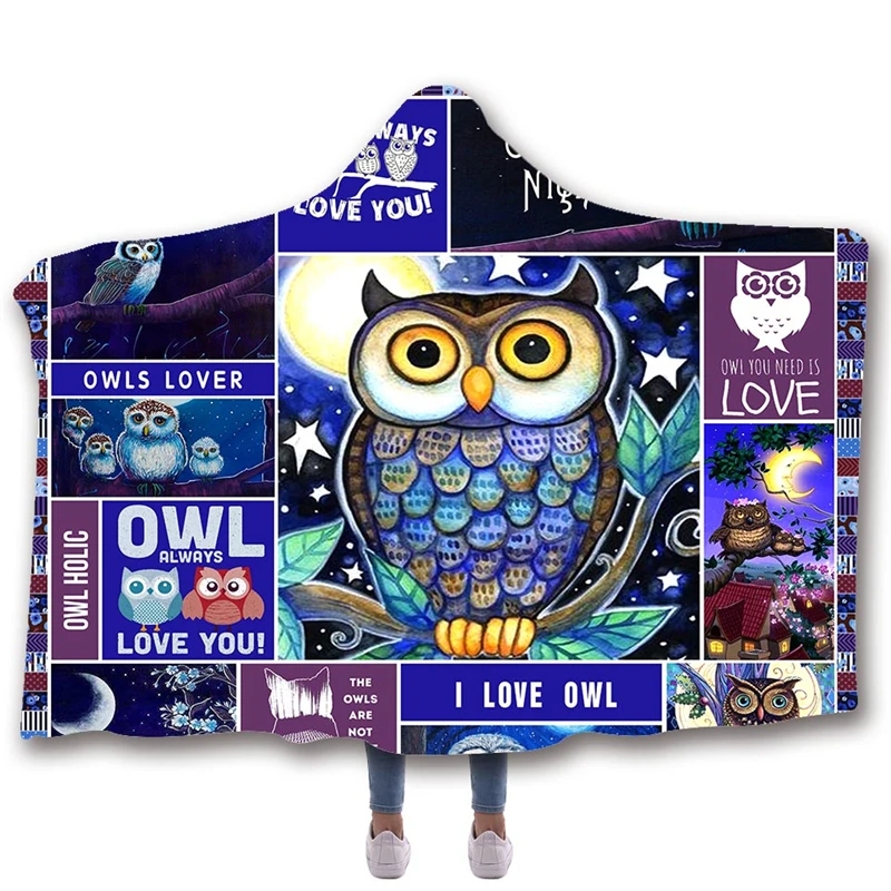 Флисовое одеяло с капюшоном и принтом птиц Двухслойное бархатное декоративное