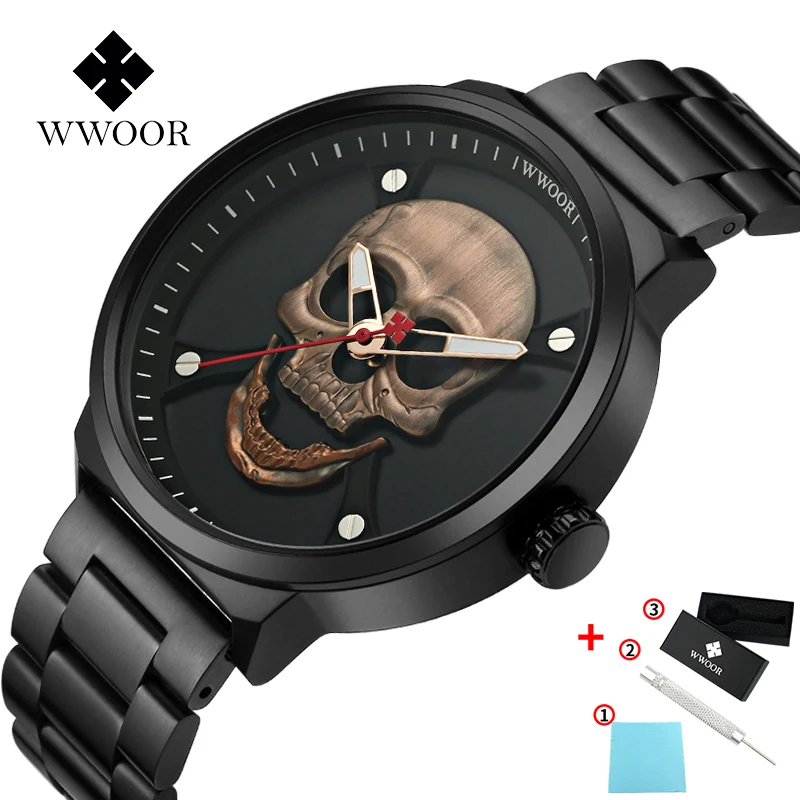 8867G-rose gold WWOOR Топ бренд горячая распродажа Роскошные модные часы мужские из нержавеющей стали ремешок золотой череп повседневные светящиеся мужские часы кварцевые мужские часы - Цвет: 8867G-rose gold