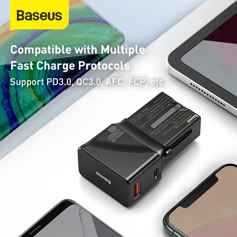 

Baseus 18W USB Charger Universal Conversion Plug PPS Charger Support PD3.0 QC3.0 Fast Charging AFC FPC Type-C Dual Port Charge