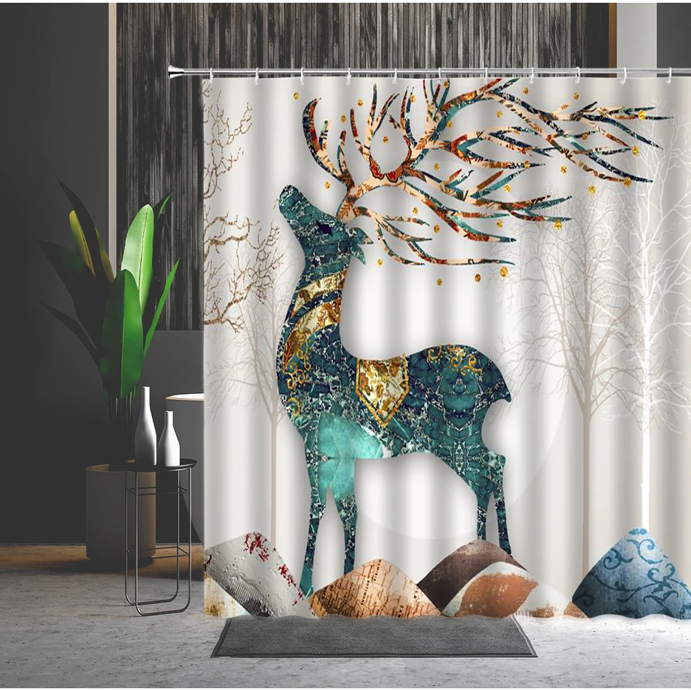 

Waterproof Shower Curtain Elk Group Grassland Wild Animal Natural Landscape Bathroom Household Items Bath Curtains Set With Hook