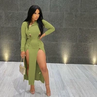 skmy clothes for women green dress long sleeve sexy buttons hollow out split midi dress clubwear autumn and winter new fashion