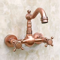 bathroom dual cross handle wash basin faucet wall mounted antique red copper faucets cold and hot water vessel sink tap lrg030