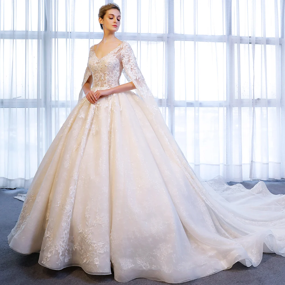 173 wedding dress 2020 sukienki na wesele damskie robe de mariee princesse de luxe v neck church düğün parti elbise with cape