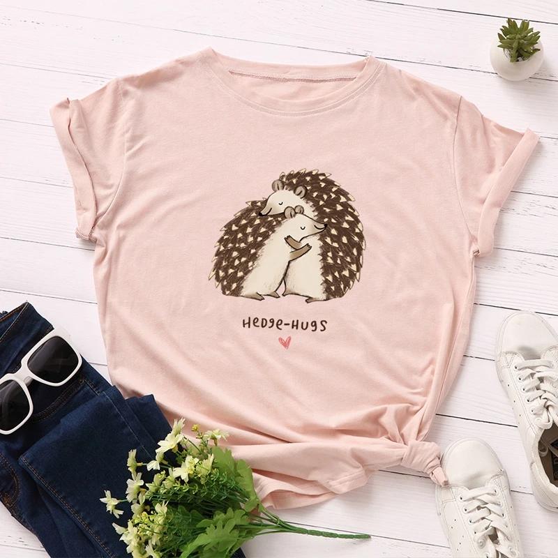 

100% Cotton Women T-shirts Graphic Tees Female Shirts Summer Tops Hedgehog Hug Printed Funny T Shirt Tee Kawaii Clothes