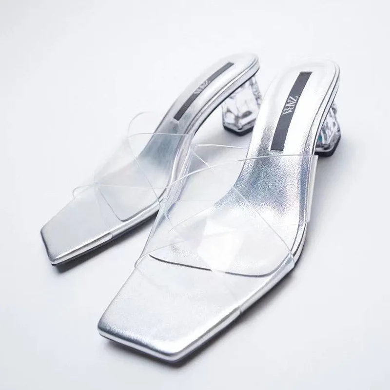 

ZAR 2021 Summer New Fashion Square Toe High Heels Sexy Outer Wear Transparent Muller Lazy Sandals And Slippers Women Luxury