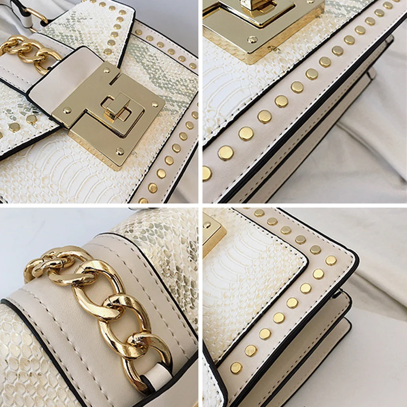 

CASMOR Stereoscopic Flap Bag 2019 Shining Serpentine Shoulder Bags Fashion Rivet Lock Crossbody Bag Ladies Punk Chains Party Bag