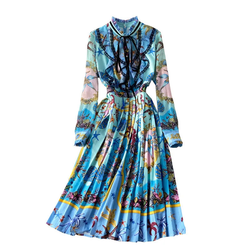 

2021 Vadim The New 2021 Wind Elegant Temperament Palace Lotus Leaf Collar Lace Printing Charge Show Thin Waist Pleated Dress