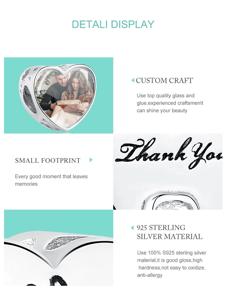 Sterling Silver 925 Heart CZ Charms DIY Thank You Customize Photo Beads Fit Original Charm Bracelet Silver 925 Jewelry Making