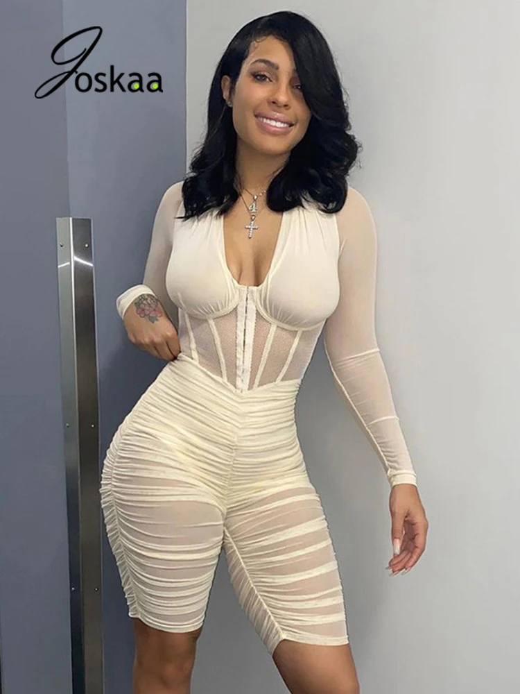 

Joskaa Long Sleeve Mesh Patchwork Playsuit Romper Bodycon Summer Outwear White Black Wholesale Fitness 2021 Elegant Jumpsuit