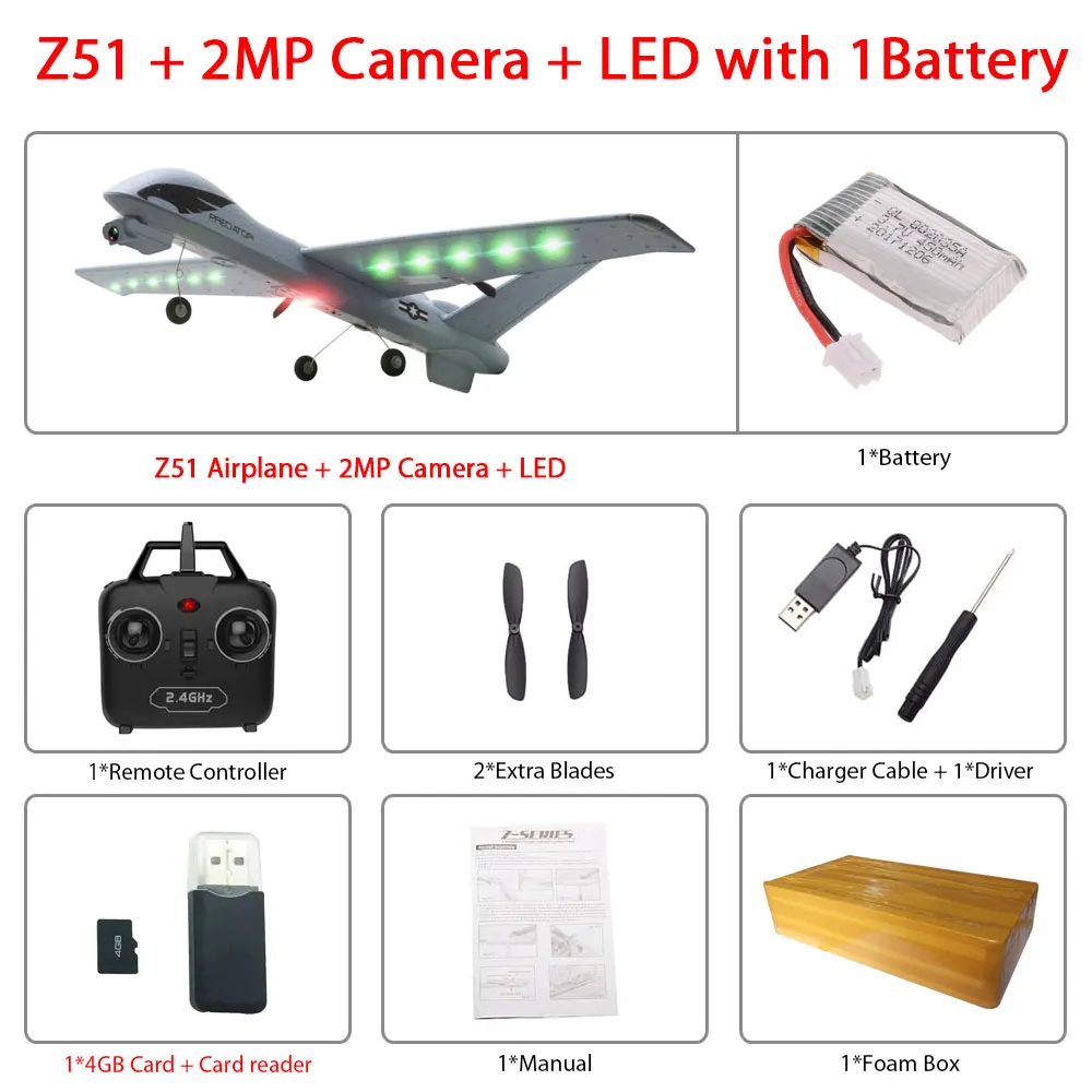 2MP-Led 1B foam box Радиоуправляемый самолет Z51 из ЕПП-пены с HD камерой 2 Мп или без камеры, 20 минут в полете - Цвет: 2MP-Led 1B foam box