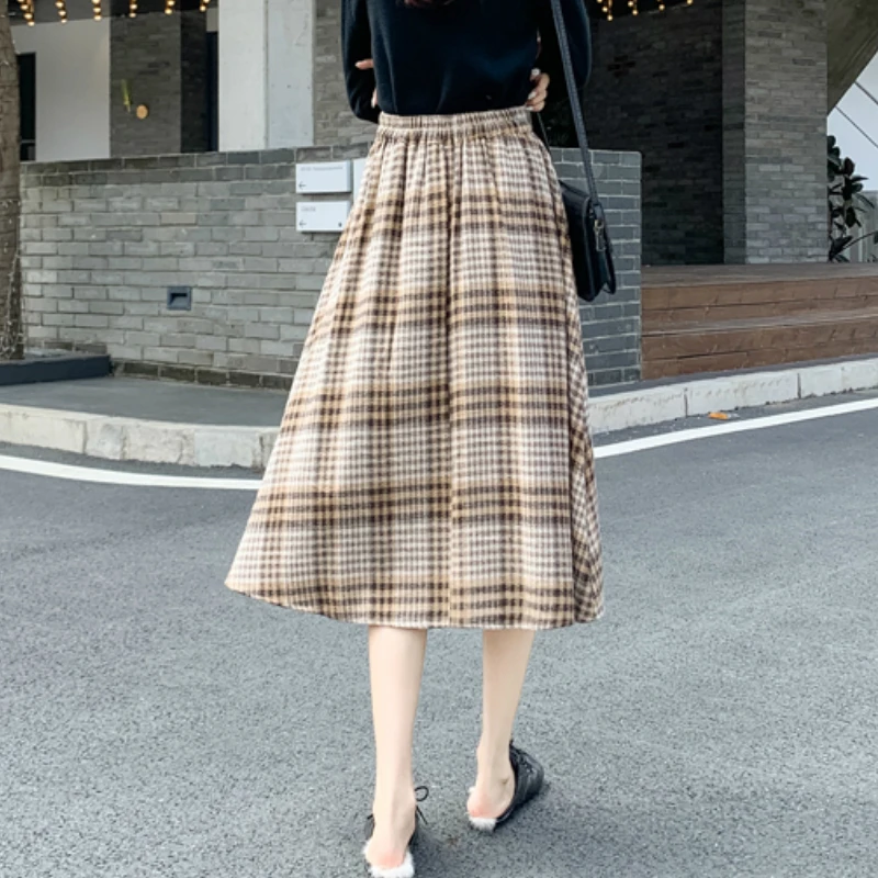

Winter Blend Tweed Vintage Plaid A-line Long Pleated Skirts